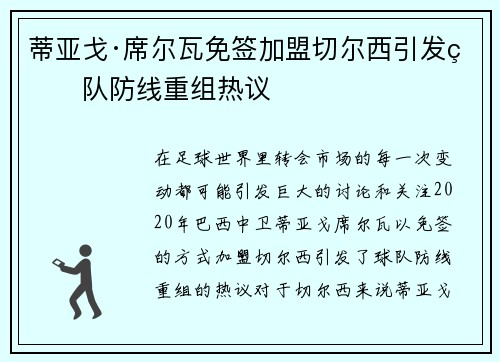 蒂亚戈·席尔瓦免签加盟切尔西引发球队防线重组热议 蒂亚戈·席尔瓦免签加盟切尔西引发球队防线重组热议