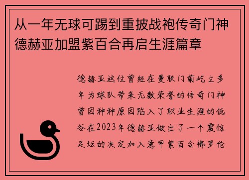 从一年无球可踢到重披战袍传奇门神德赫亚加盟紫百合再启生涯篇章 从一年无球可踢到重披战袍传奇门神德赫亚加盟紫百合再启生涯篇章